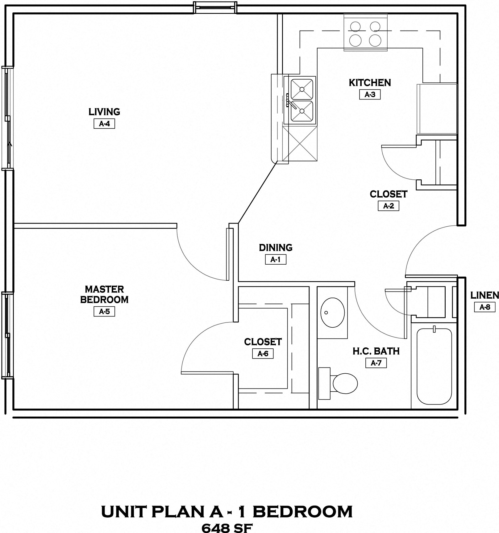 Floor plan for 1 bed, 1 bath, 648 sqft